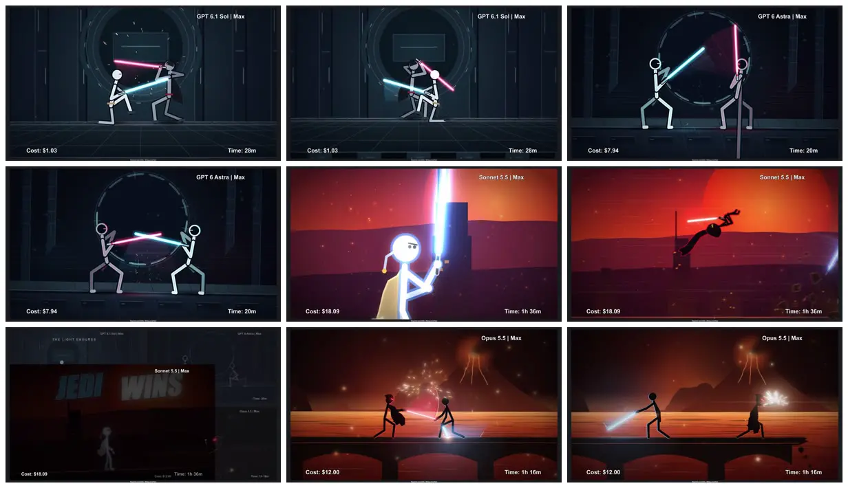 Nine frames from across Stickman Jedi vs. Sith duel, four models