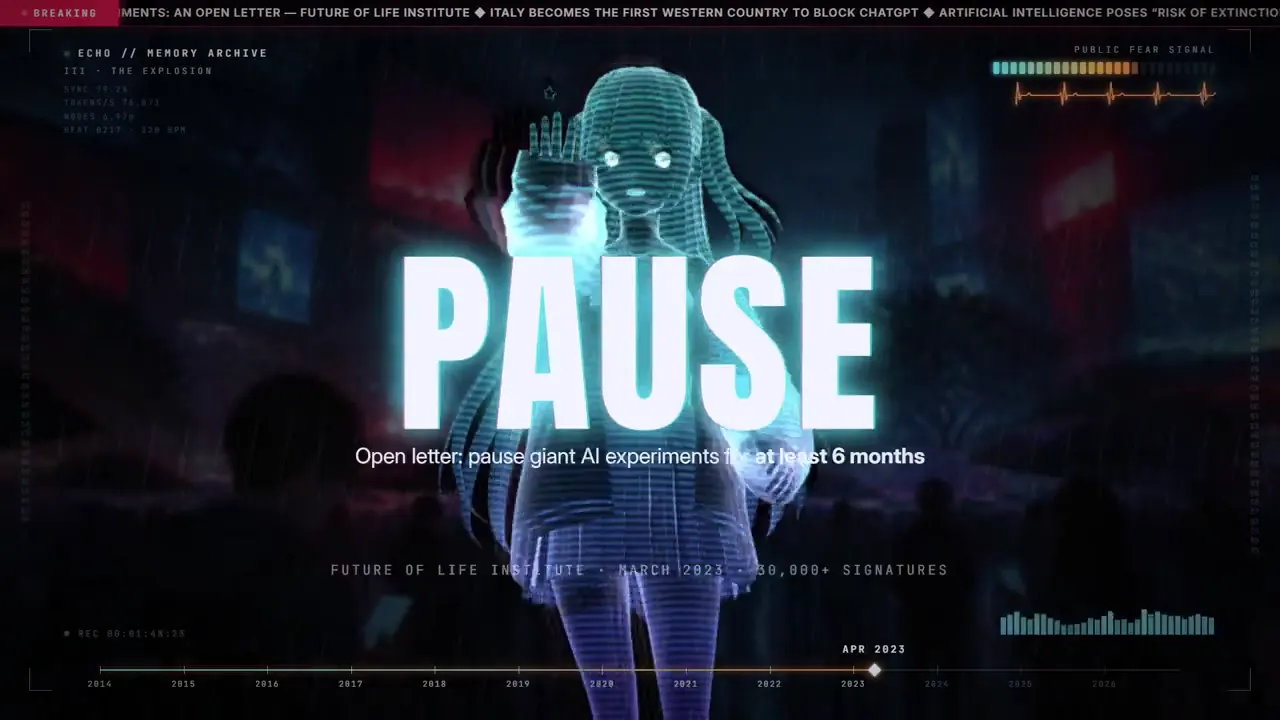 Frame from Music video on AI fear-mongering