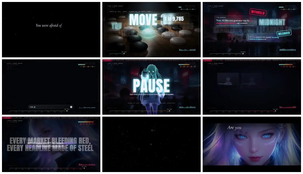 Nine frames from across Music video on AI fear-mongering