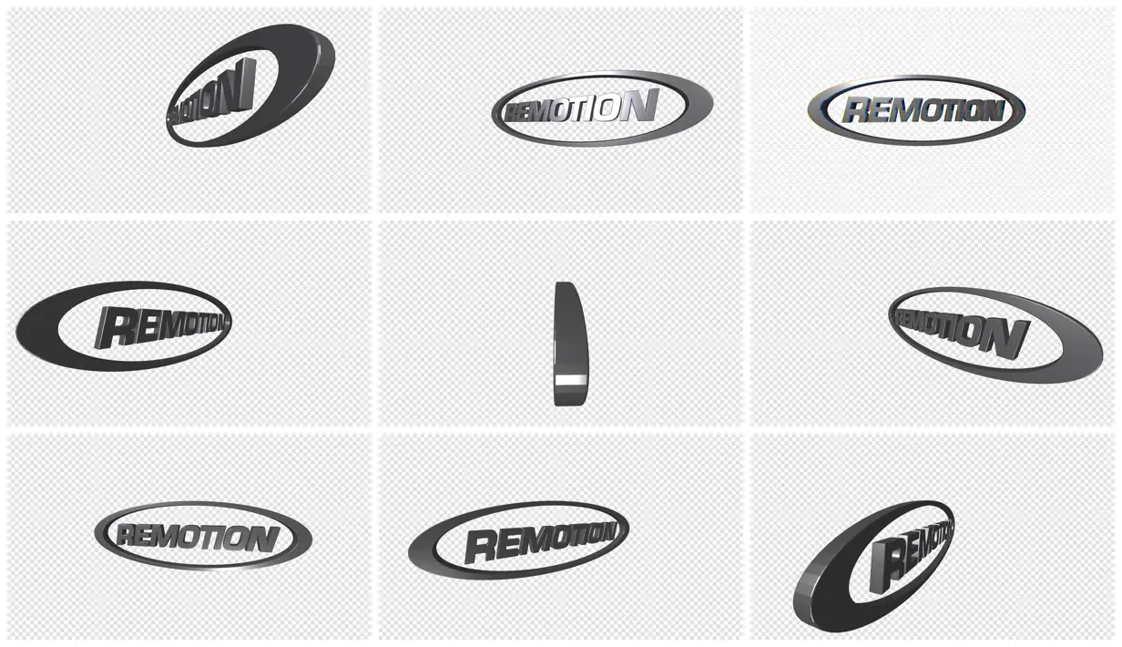 Nine frames from across Flat logo turned into spinning 3D metal