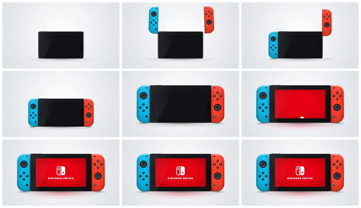 Nine frames from across Joy-Cons snap onto an SVG Switch and boot