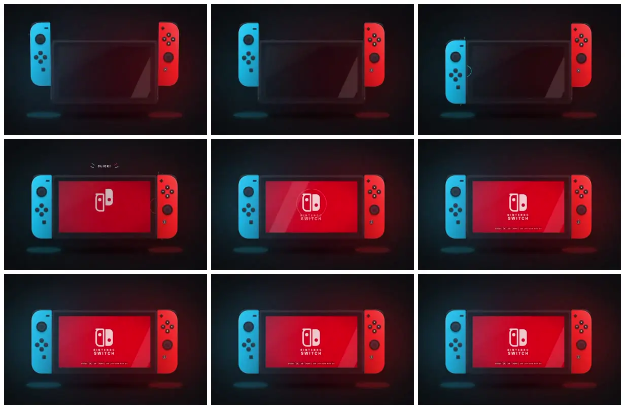 Nine frames from across SVG Nintendo Switch that snaps and boots