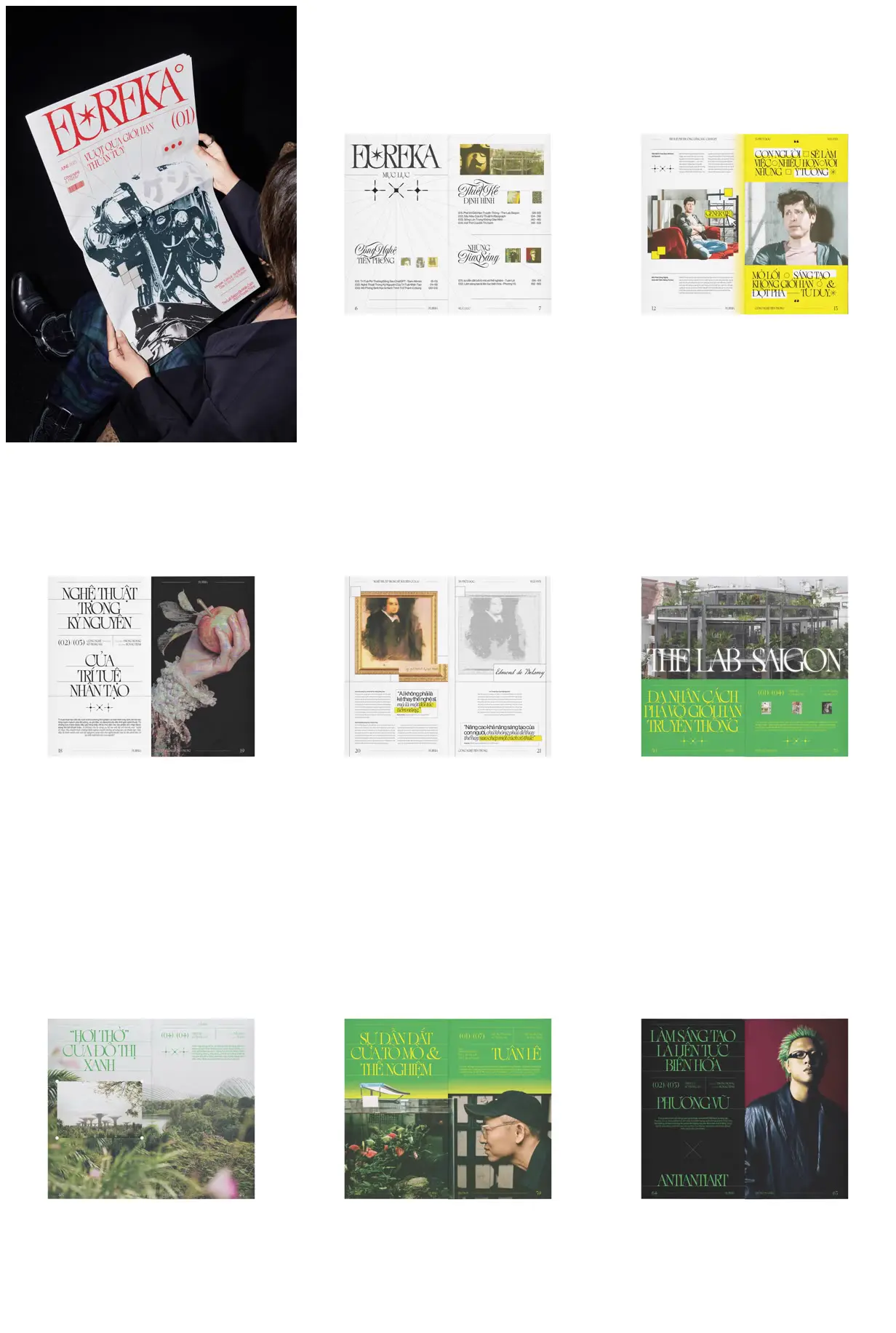 Nine frames from across Technology in serif and electric green