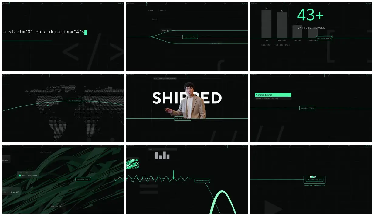 Nine frames from across One-camera promo film for HyperFrames