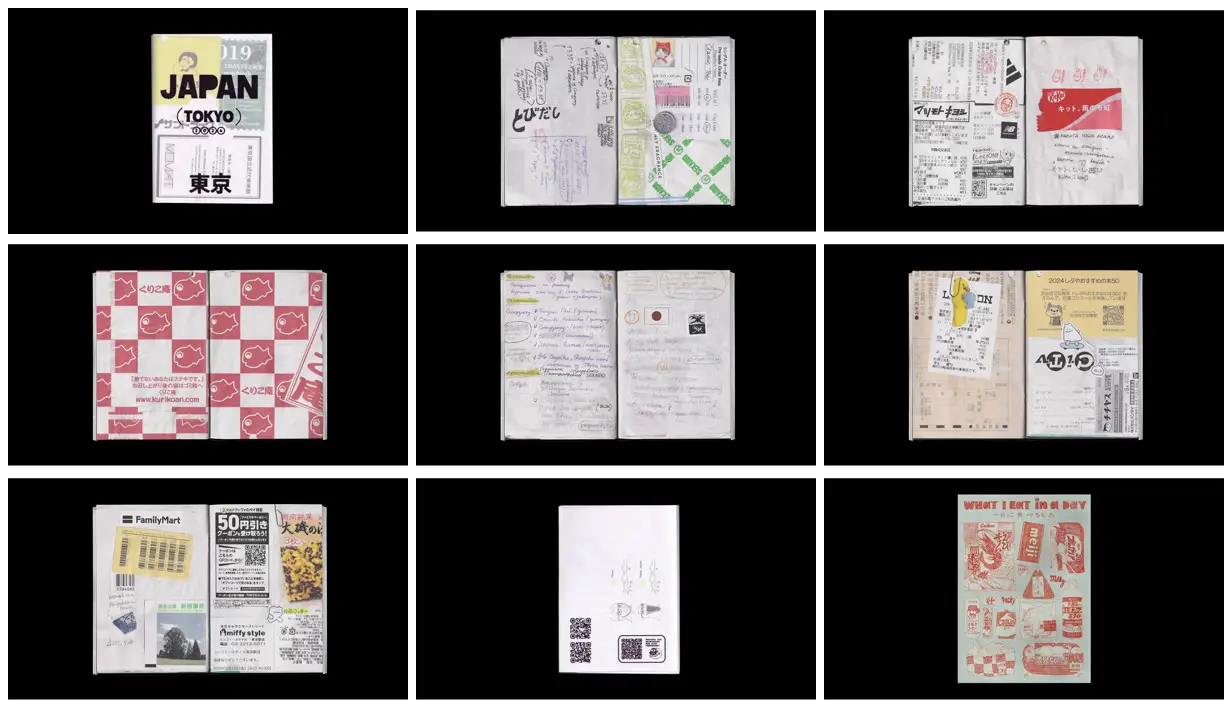 Nine frames from across Tokyo receipts and notes