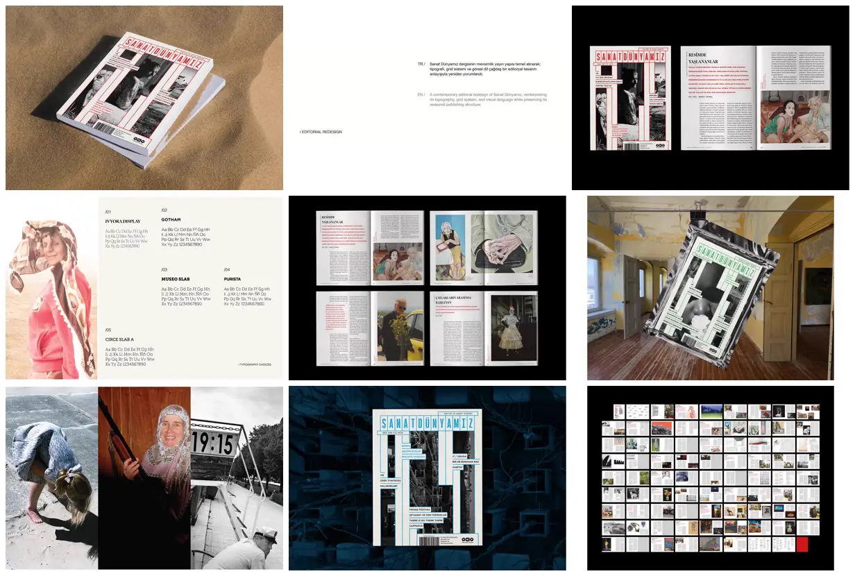 Nine frames from across Art magazine with stepped cover grids