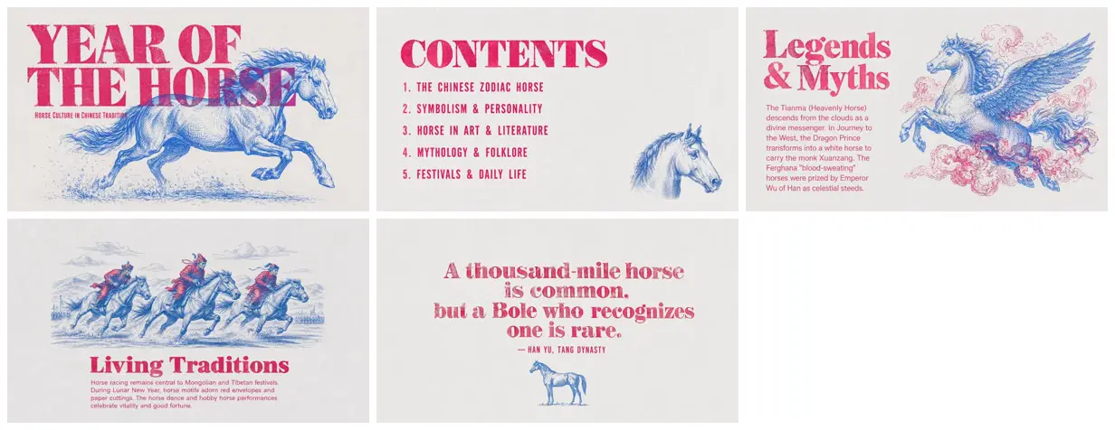 Nine frames from across Horse culture in two-tone print