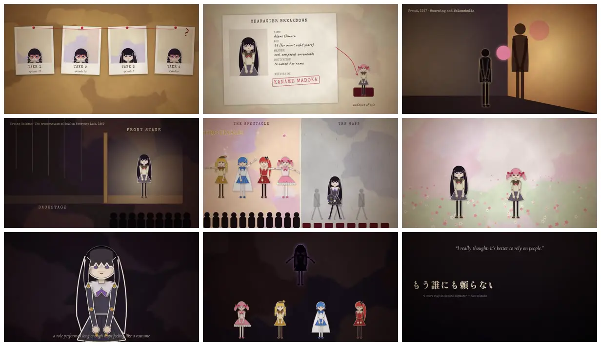 Nine frames from across Video essay on Madoka Magica episode 10