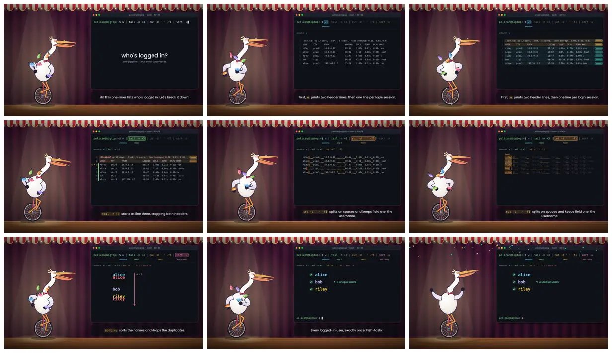 Nine frames from across Pelican explains a Unix shell pipeline