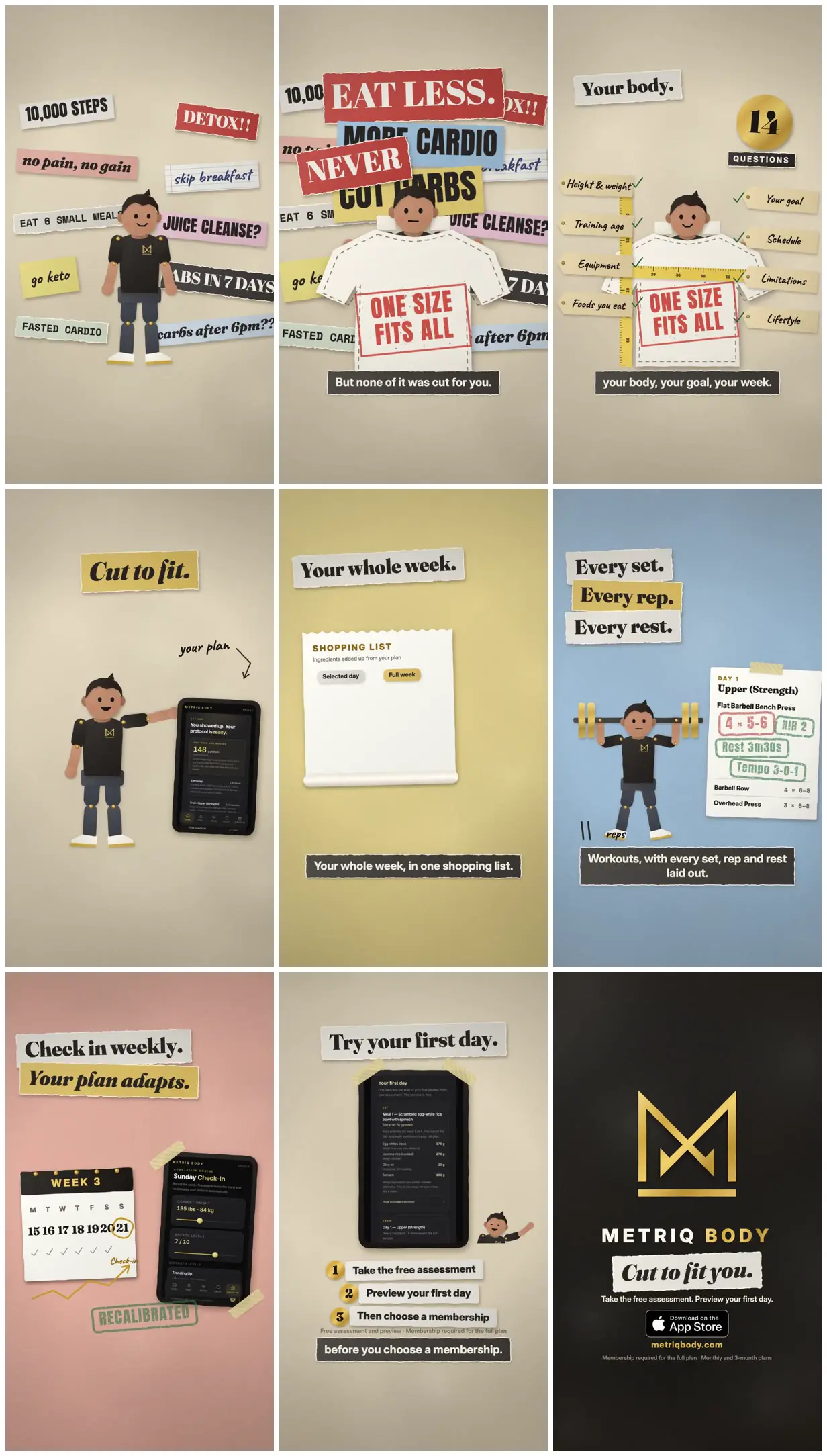 Nine frames from across Paper-collage promo for a nutrition app