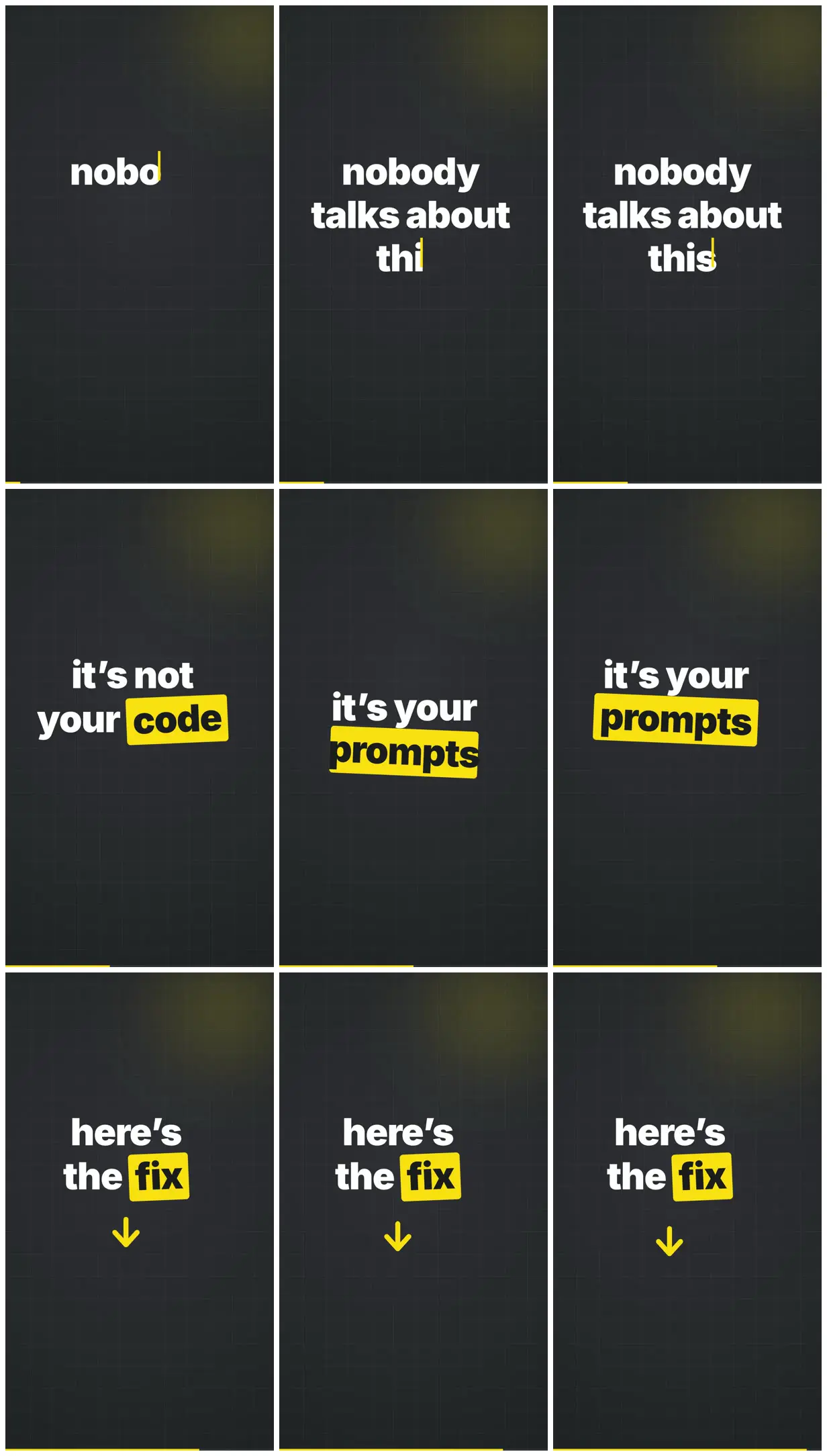 Nine frames from across Vertical text hook with yellow highlights