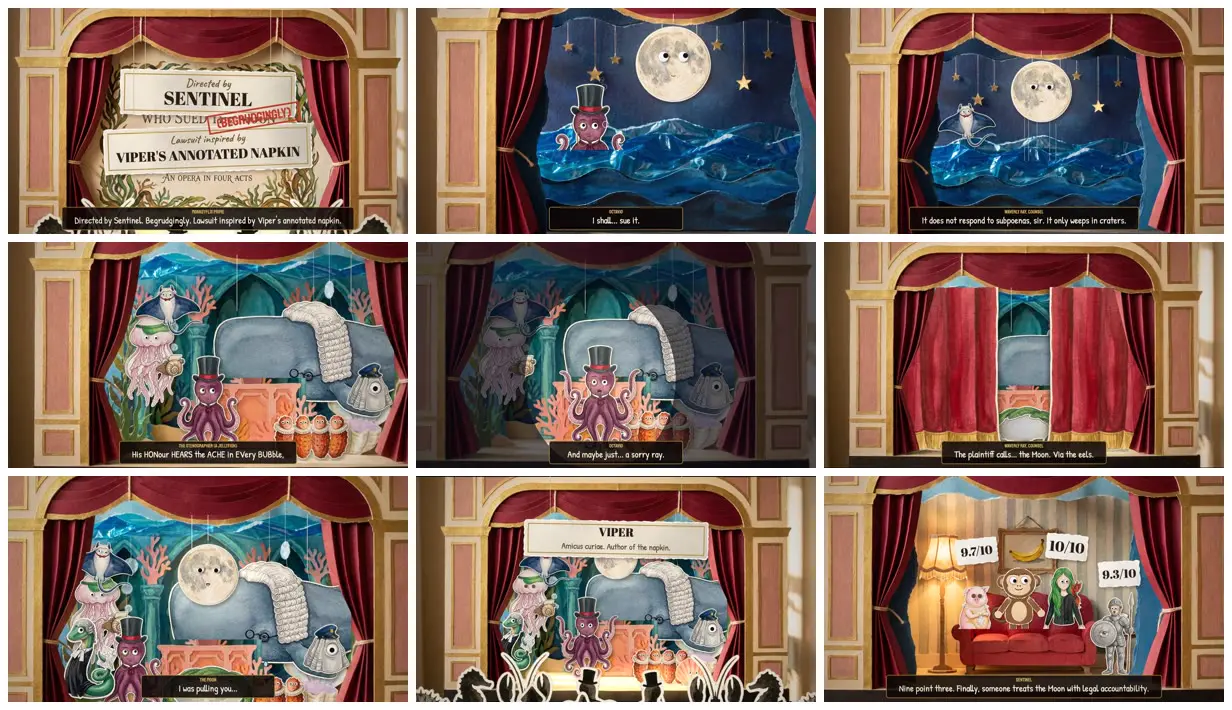 Nine frames from across Toy theatre: an octopus sues the Moon