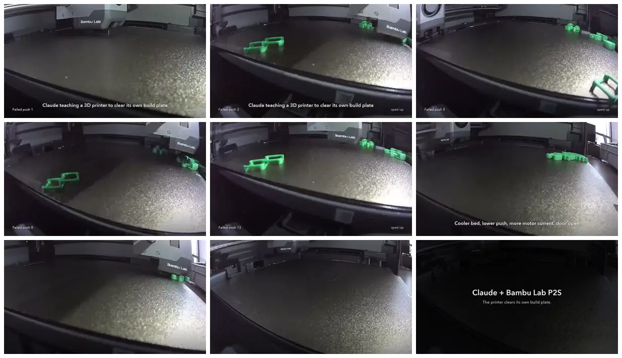 Nine frames from across A 3D printer clears its build plate