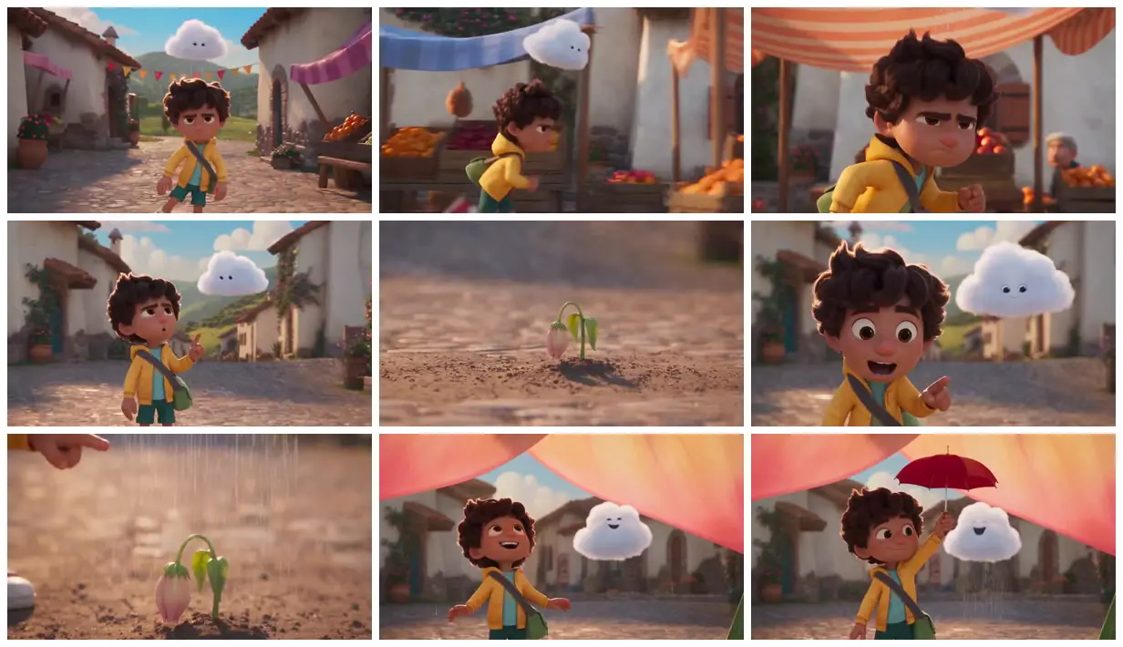 Nine frames from across A boy and his tiny rain cloud