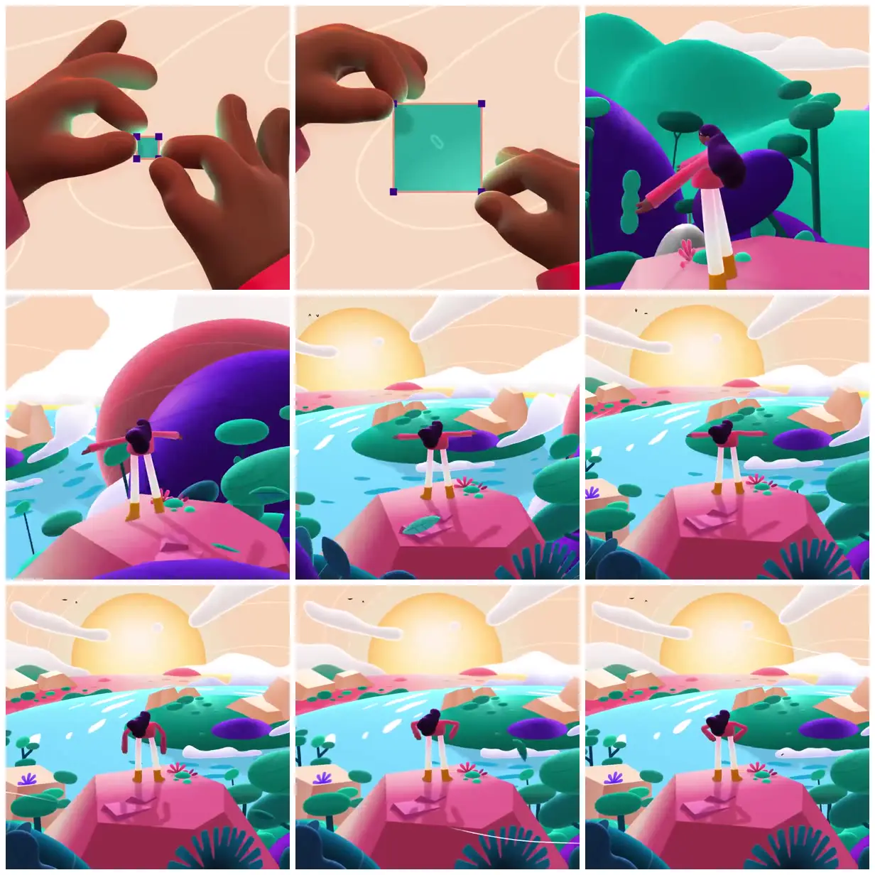 Nine frames from across A character above a candy-colored river
