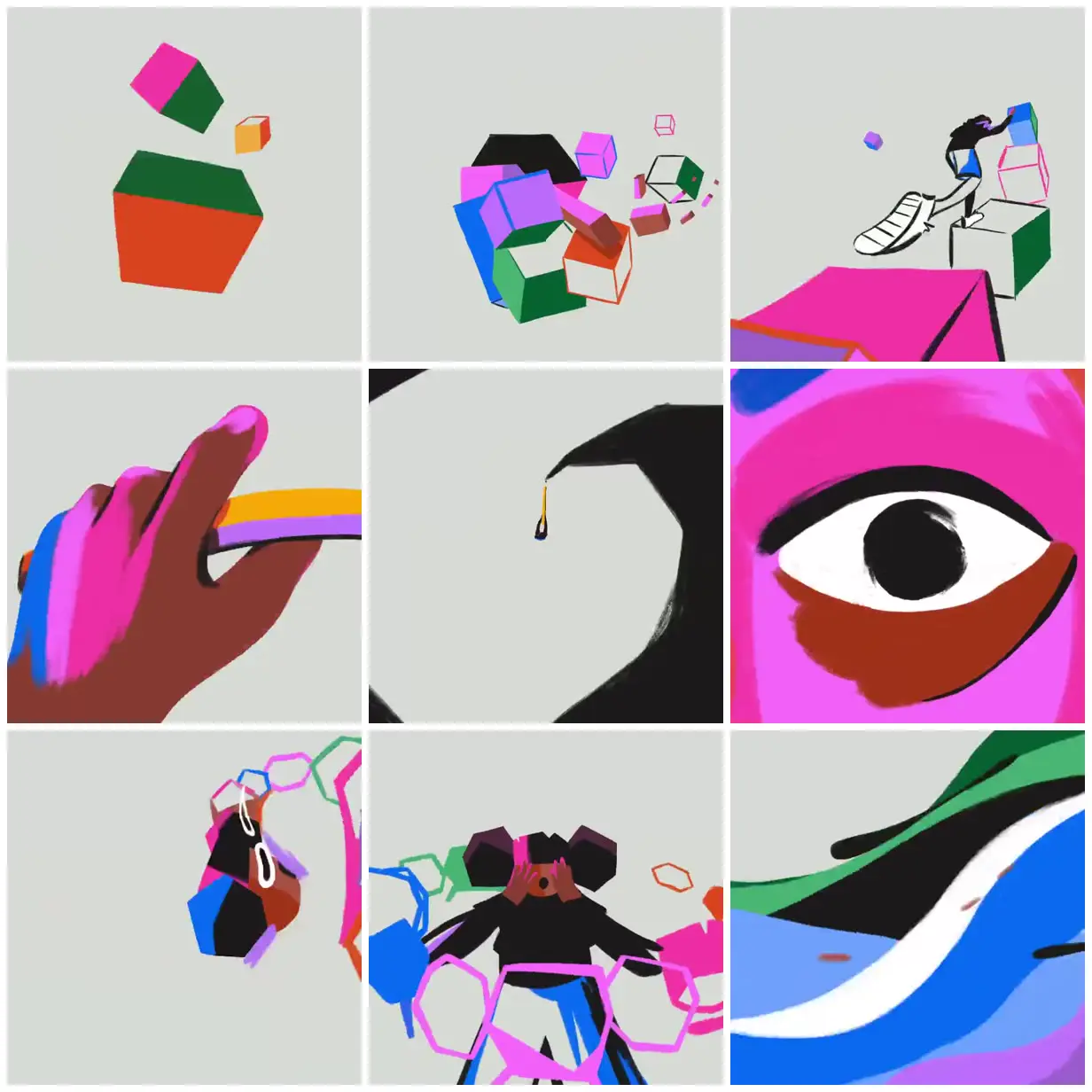 Nine frames from across A character among colorful cubes