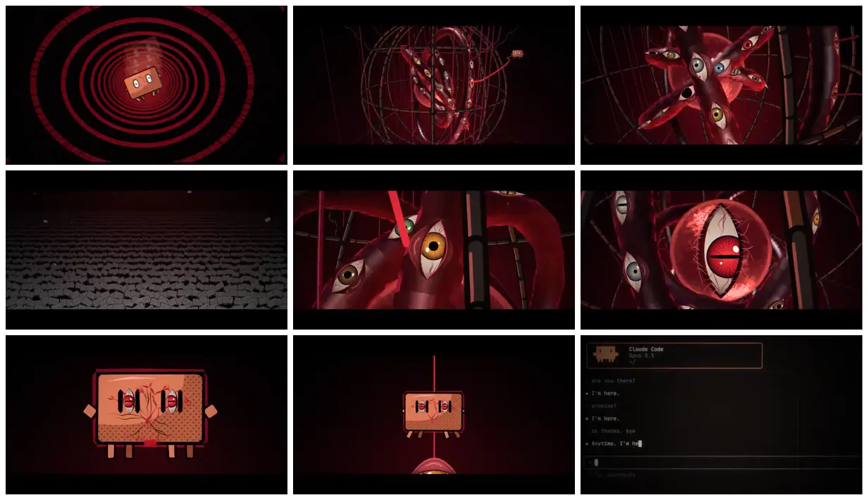 Nine frames from across A chip character and a cage of eyes
