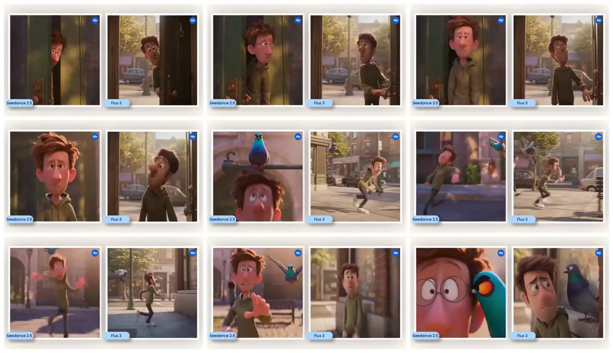Nine frames from across A city pigeon corners a worried man