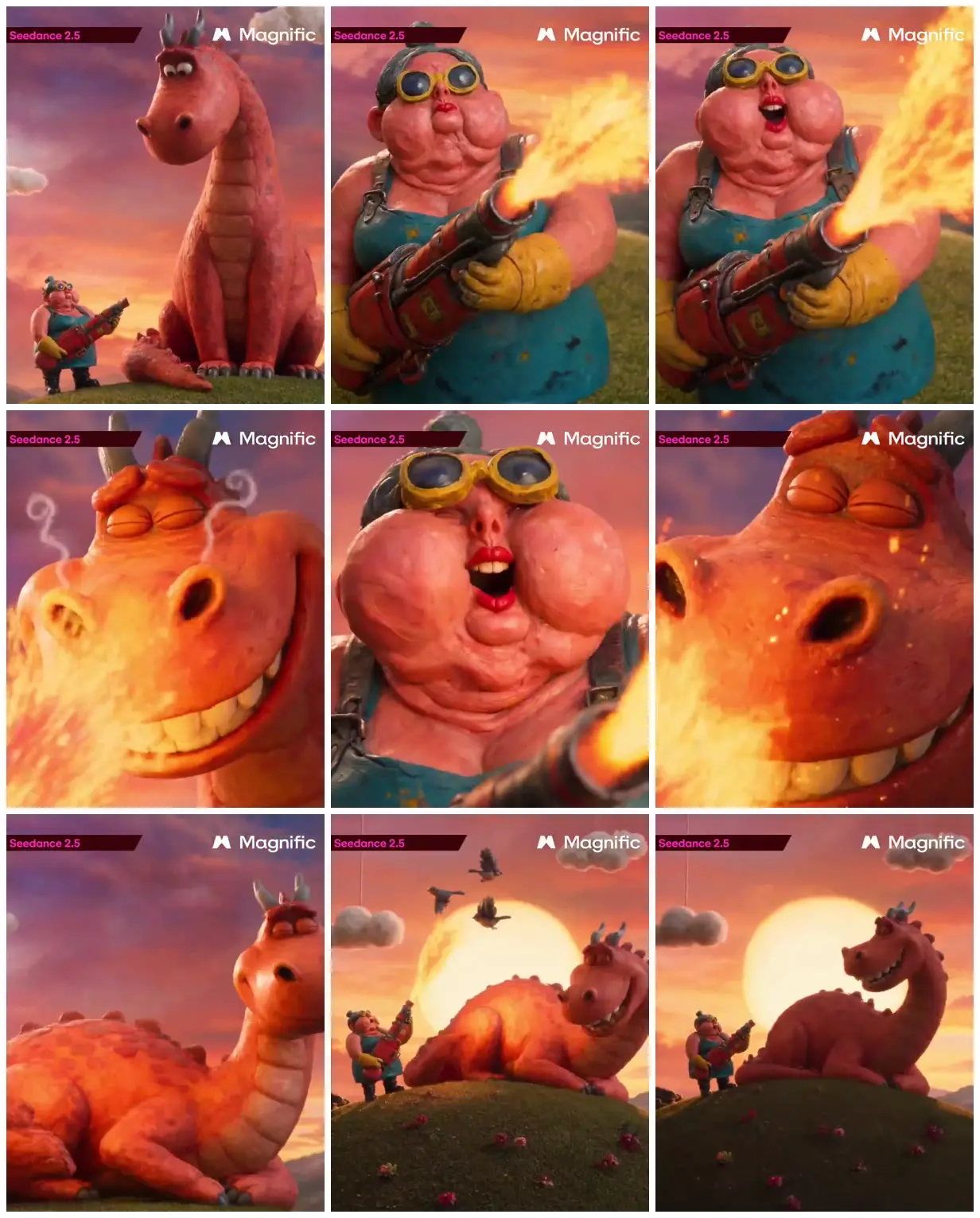 Nine frames from across A dragon enjoys a flamethrower