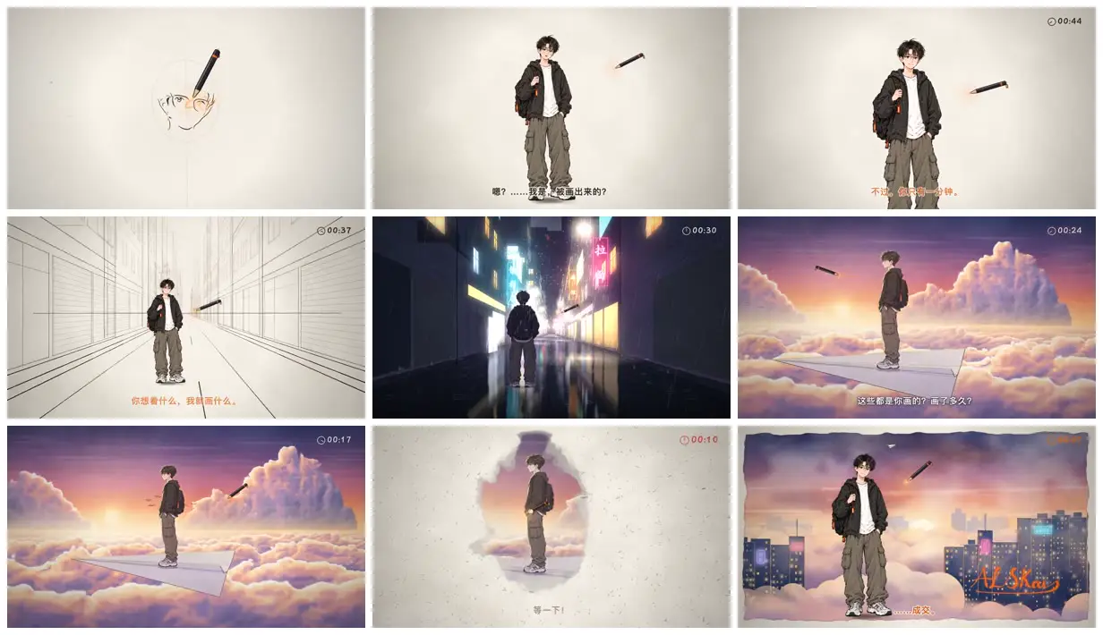 Nine frames from across A drawn boy above the clouds