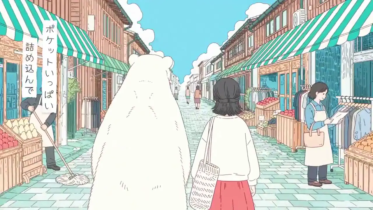 Frame from A girl and polar bear around town