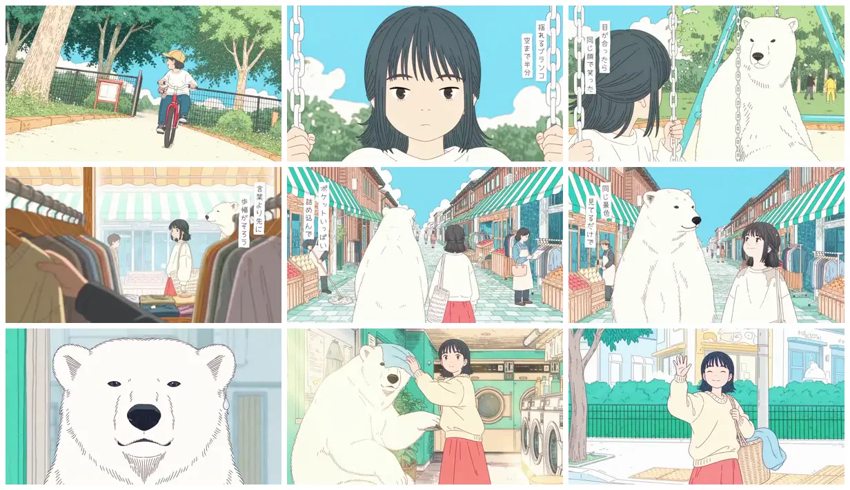 Nine frames from across A girl and polar bear around town