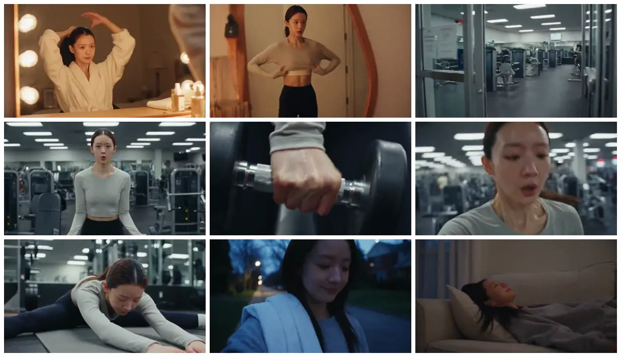 Nine frames from across A gym day from vanity to couch