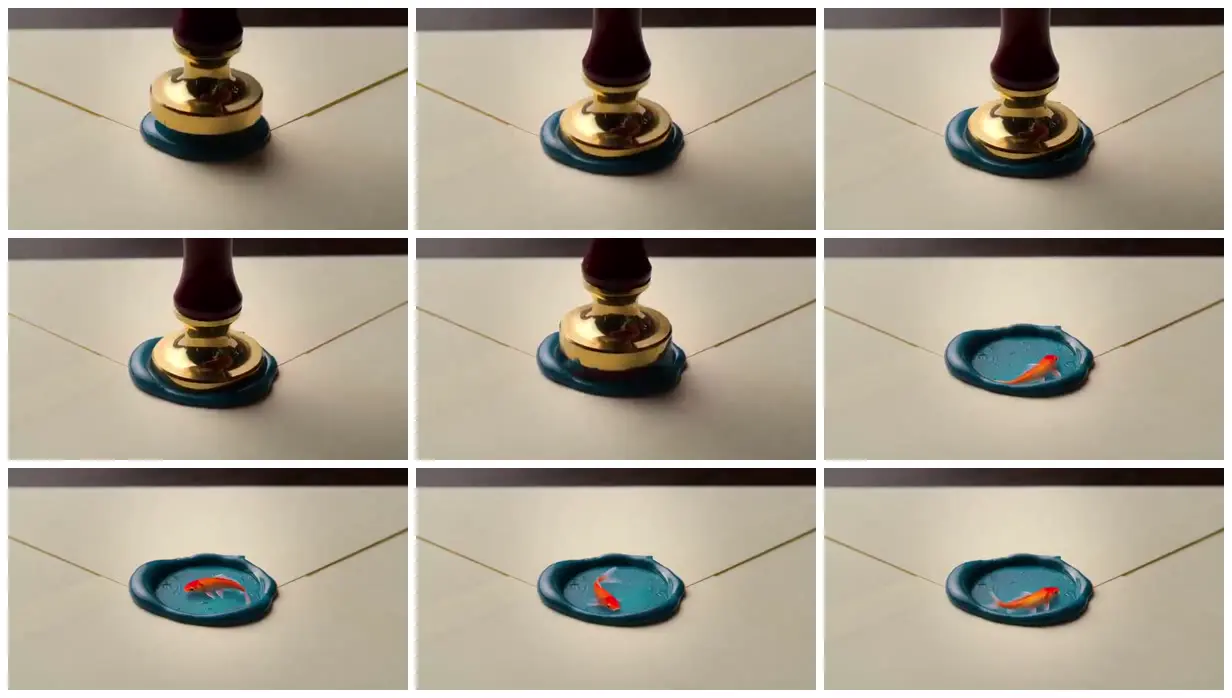 Nine frames from across A koi pond inside a wax seal