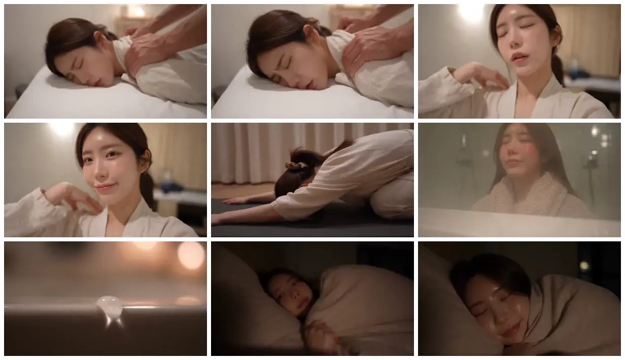 Nine frames from across A quiet evening of self-care