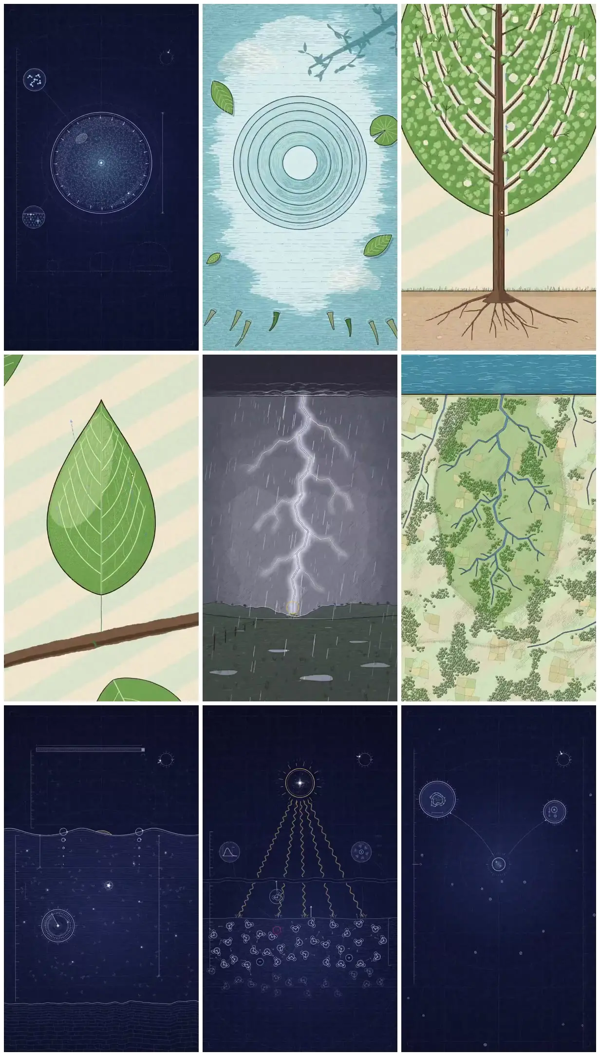 Nine frames from across A raindrop through leaves and rivers