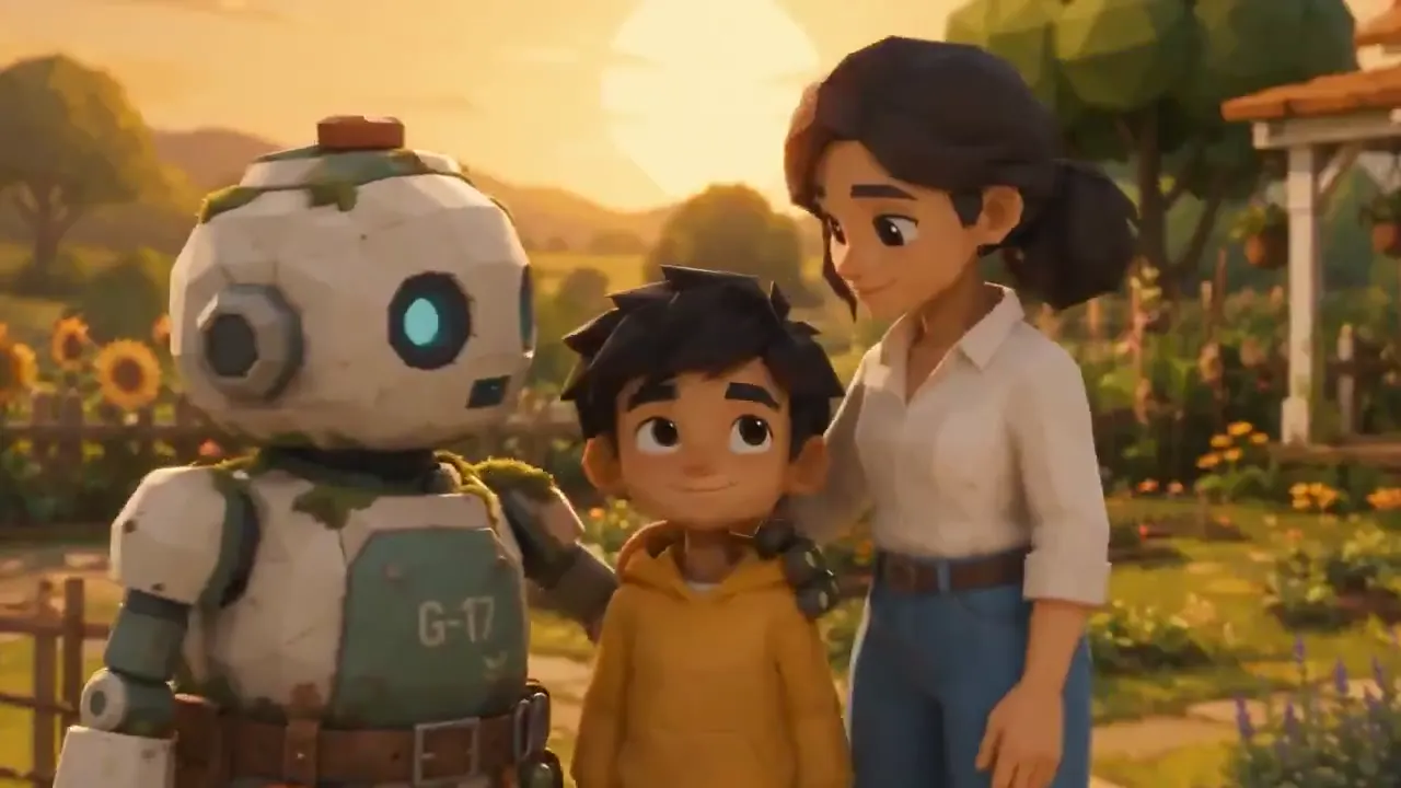 Frame from A robot joins the family garden