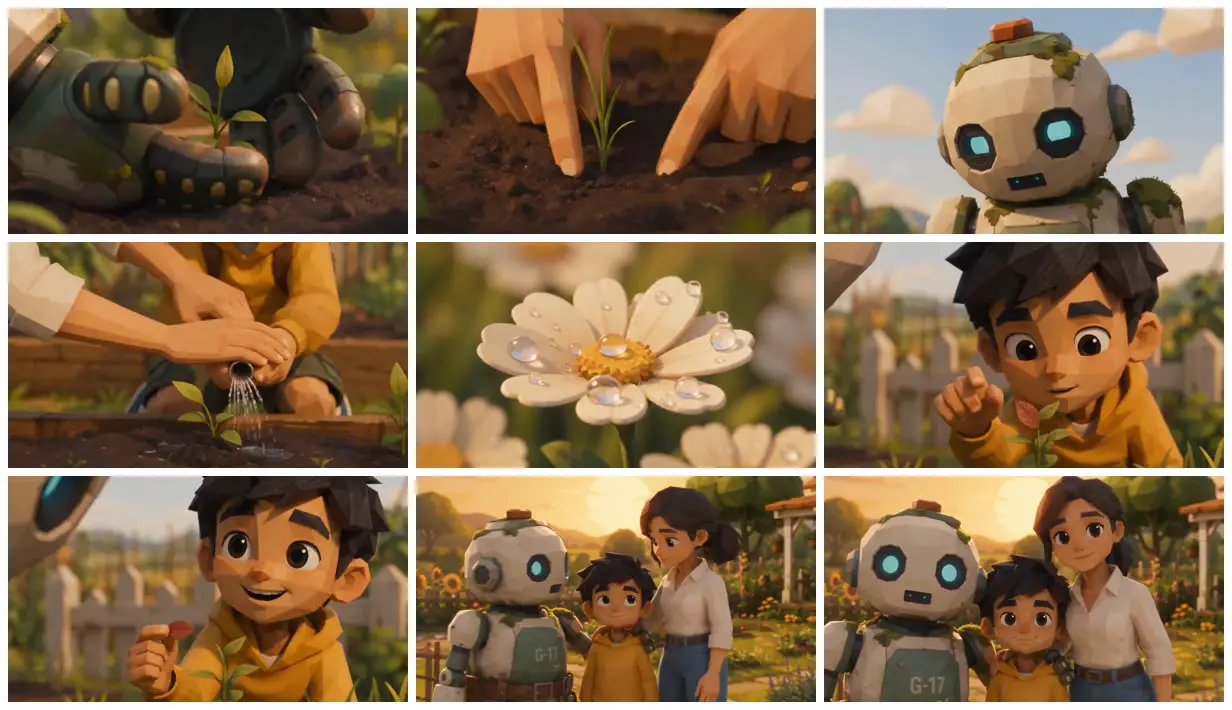 Nine frames from across A robot joins the family garden