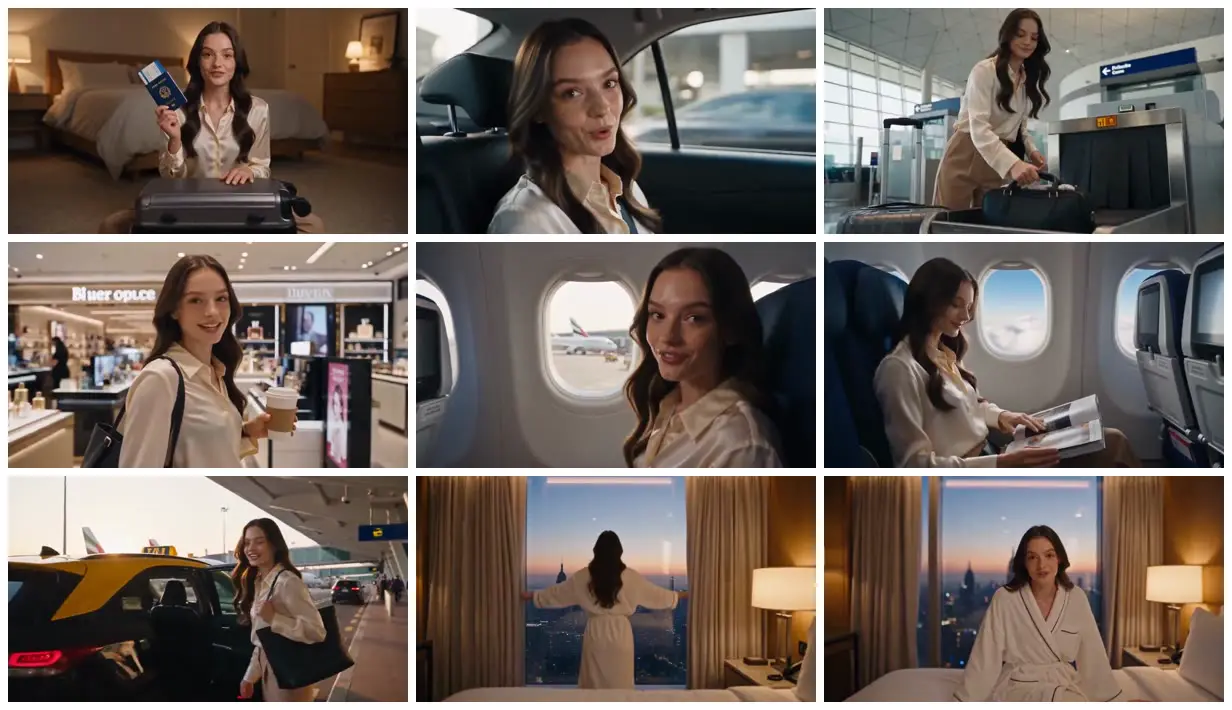 Nine frames from across A traveler from bedroom to hotel