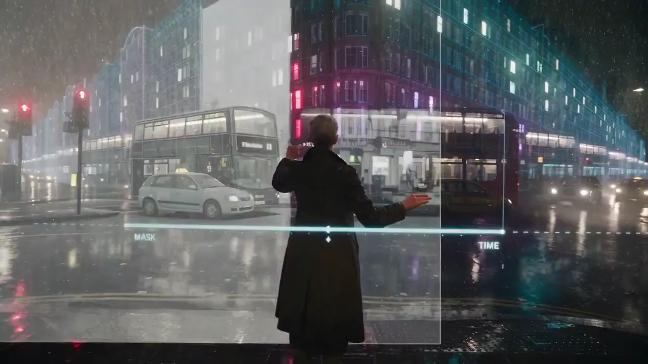 Frame from A woman edits a rain-soaked city