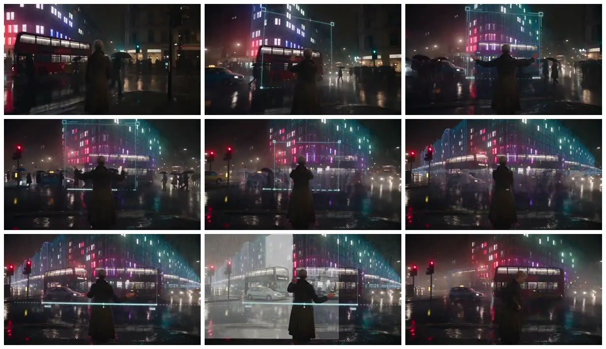 Nine frames from across A woman edits a rain-soaked city