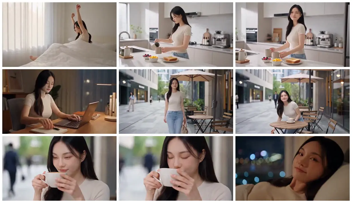 Nine frames from across A woman's day from bedroom to café