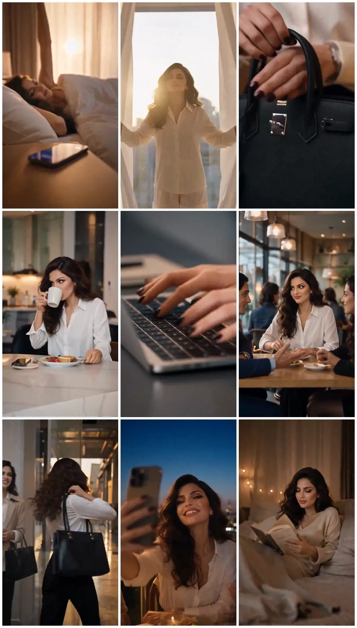 Nine frames from across A woman's day from sunrise to bedtime