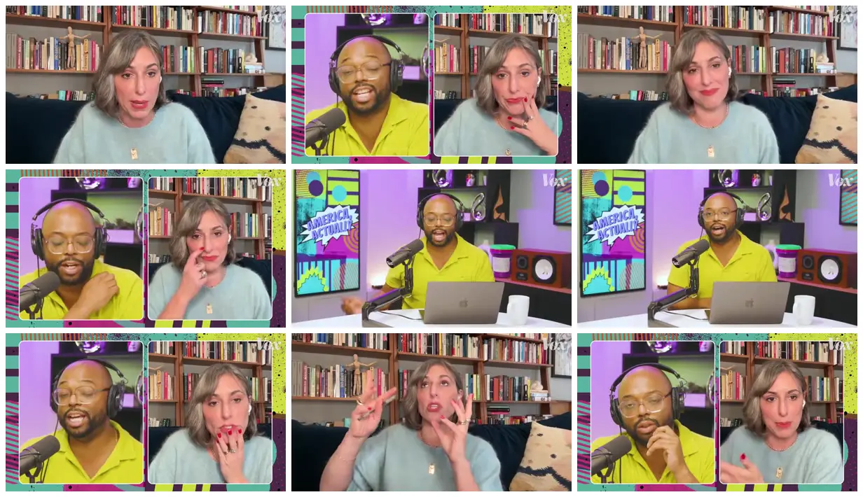 Nine frames from across Abortion interview in pop-art panels