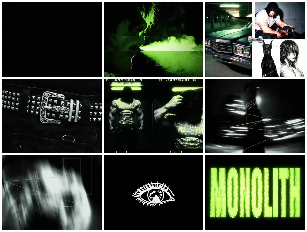 Nine frames from across Acid-green portraits and monolith type