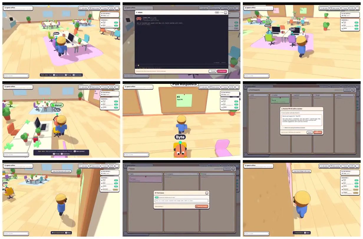 Nine frames from across Agent workers in a pastel office
