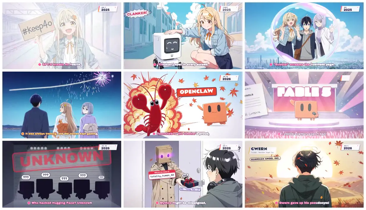 Nine frames from across AI milestones as anime scenes