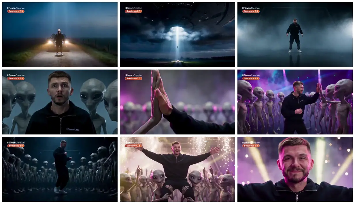 Nine frames from across Alien abduction turns into a party