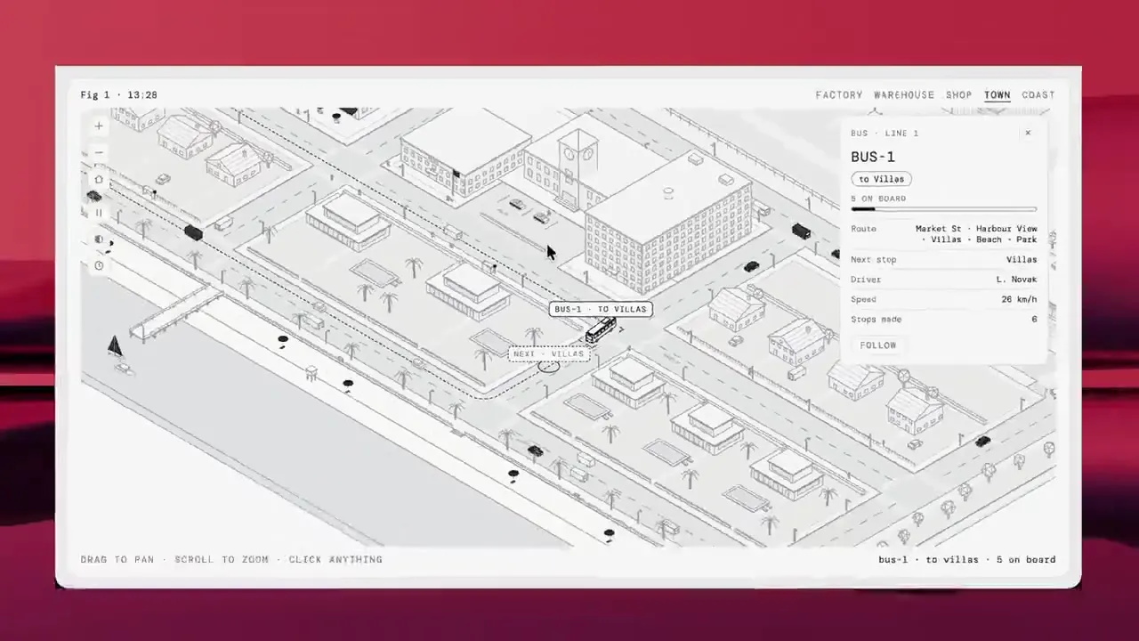 Frame from An isometric town in white linework