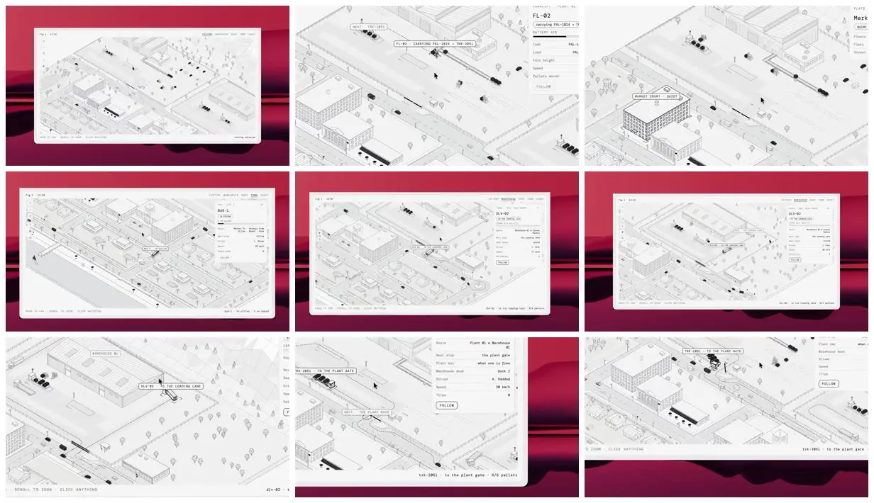 Nine frames from across An isometric town in white linework