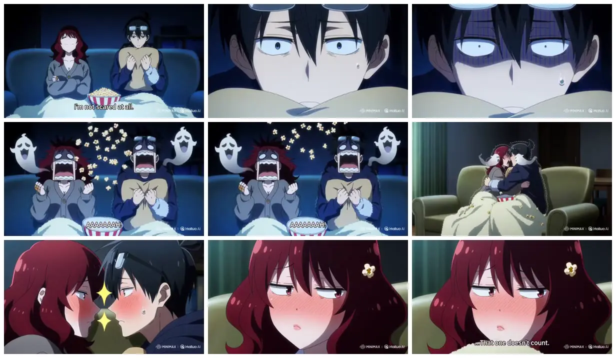 Nine frames from across Anime couple spooked on the sofa