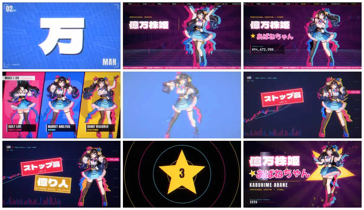 Nine frames from across Anime investor in neon title cards