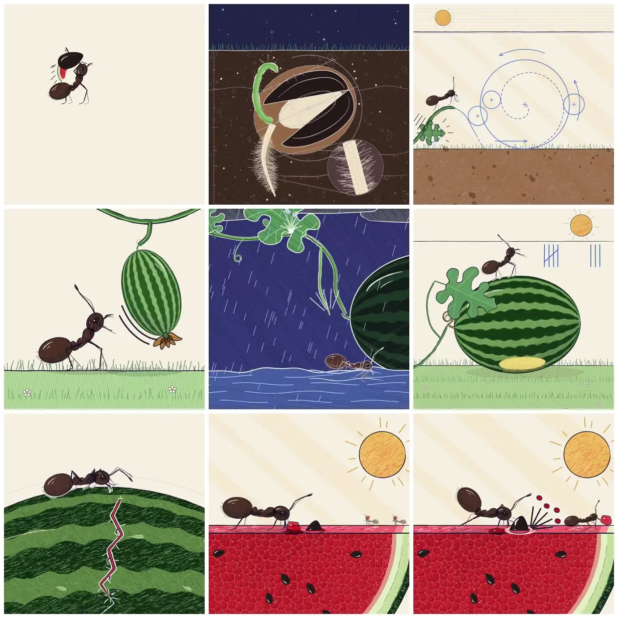 Nine frames from across Ants and a growing watermelon