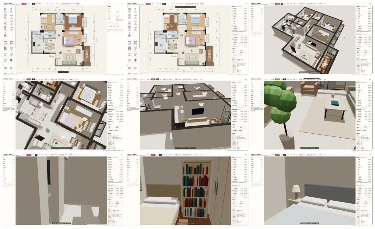 Nine frames from across Apartment plan and furnished 3D rooms