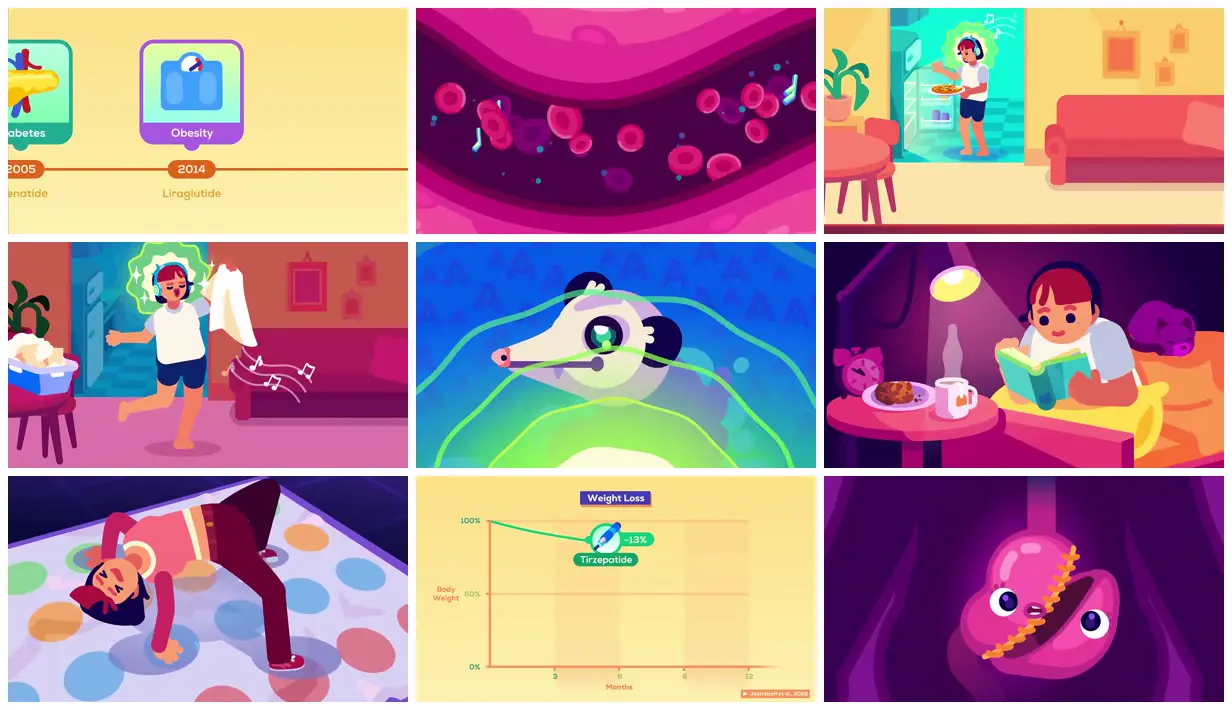 Nine frames from across Appetite, bodies and weight-loss drugs