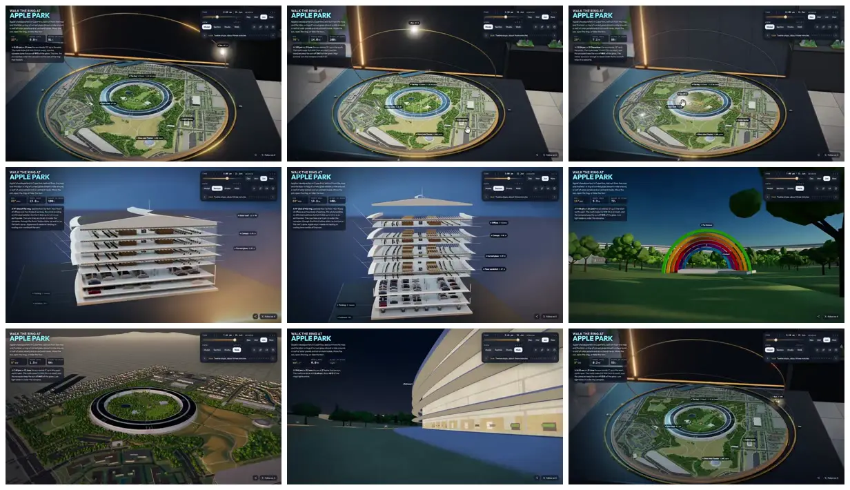 Nine frames from across Apple Park model and floor sections